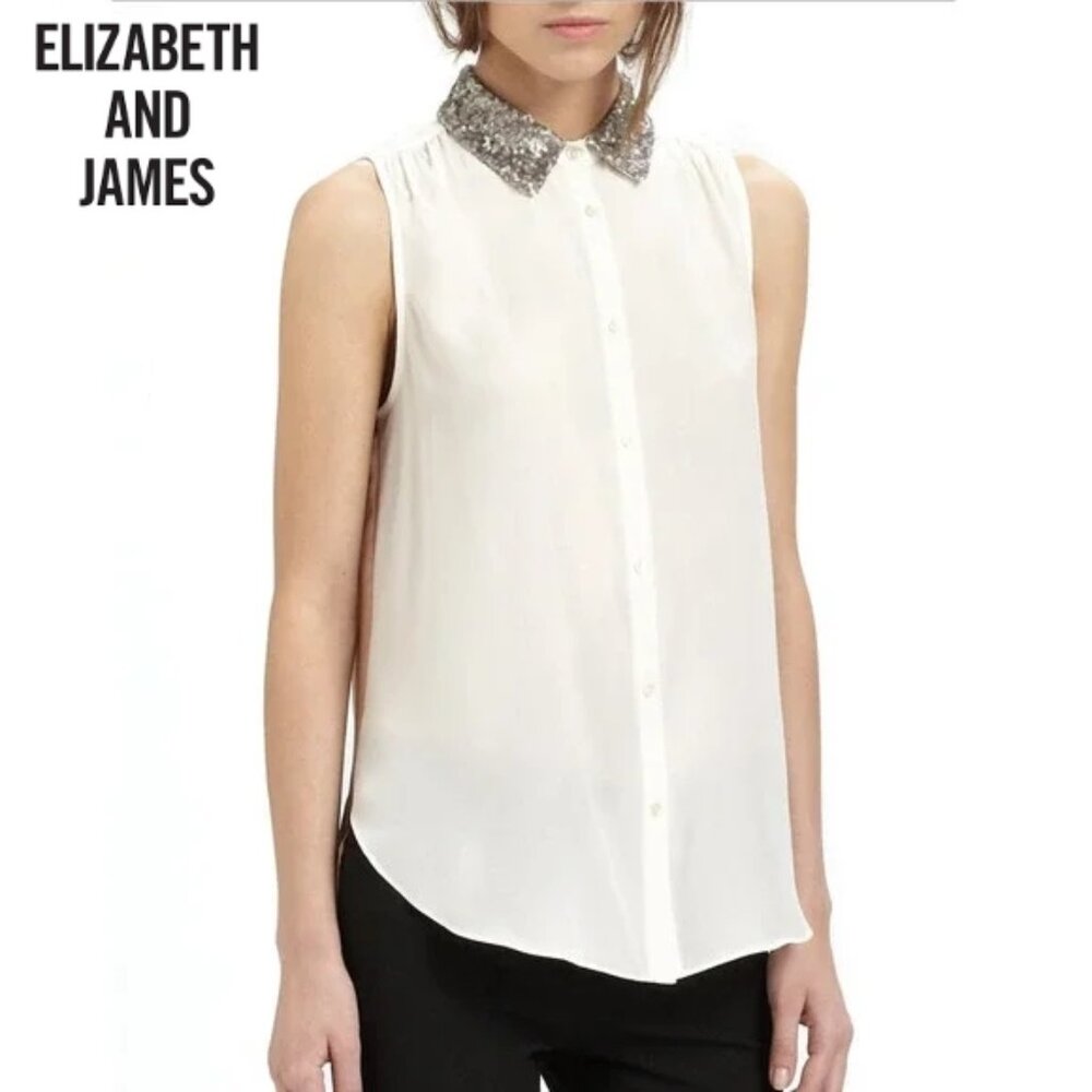 ELIZABETH & JAMES "Julian" Two-Tone Silk Blouse Sequin Collar, Sz Med